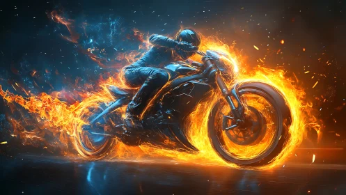 Flaming sport motorcycle rider in dynamic digital inferno.