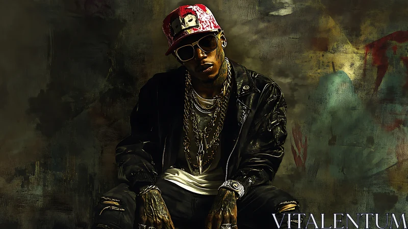 Urban portrait of seated rapper in grunge digital painting style