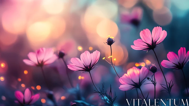 Pink Cosmos Blooms with Bokeh Luminescence.