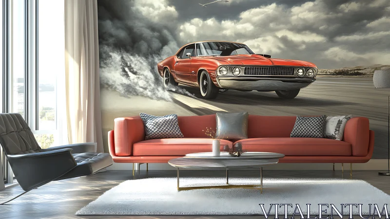 Red muscle car mural energizes sleek modern living room
