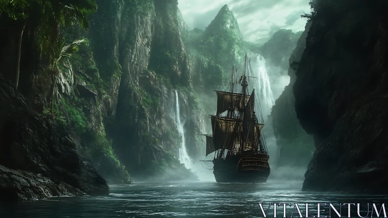 Pirate Ship in Misty Fjord with Waterfalls.
