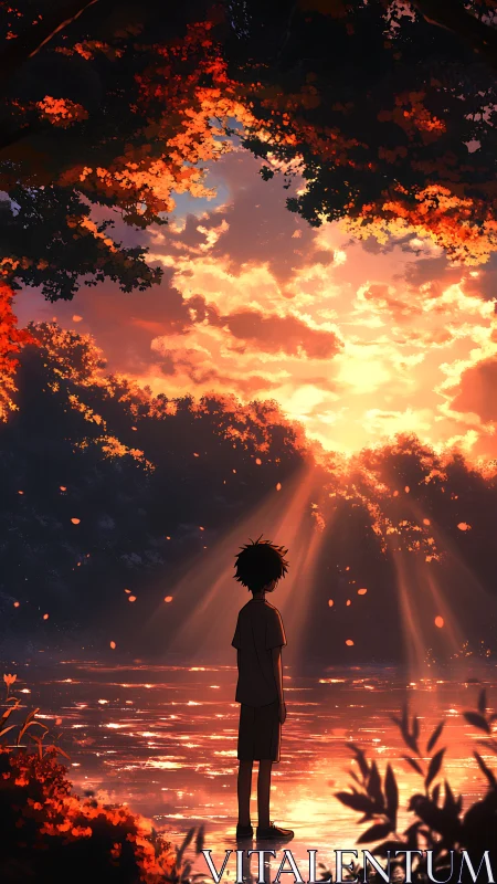 Boy watches blazing sunset over mirrored forest lake.