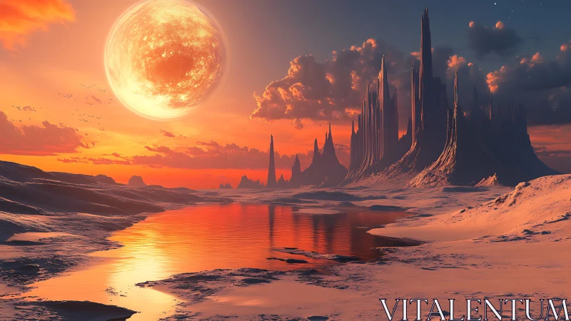 Alien sunset blazes above crystalline spire citadel shoreline.