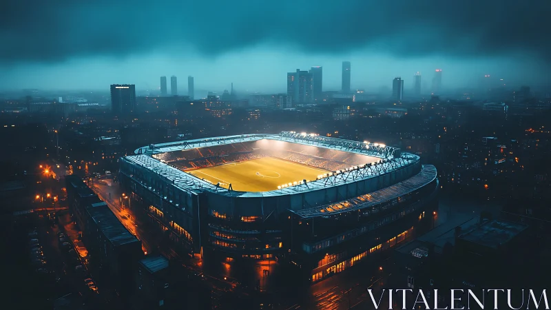 Floodlit football stadium contrasts with moody, fog-laden skyline