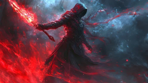 Hooded dark mage commands blazing red infernal power