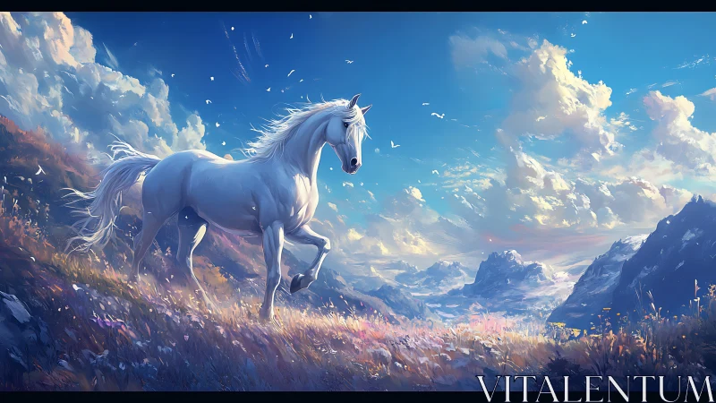 Starlit stallion canters through a sky-drenched mountain meadow