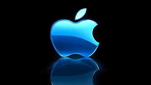 Glossy Blue Apple Logo with Reflection on Black Background.