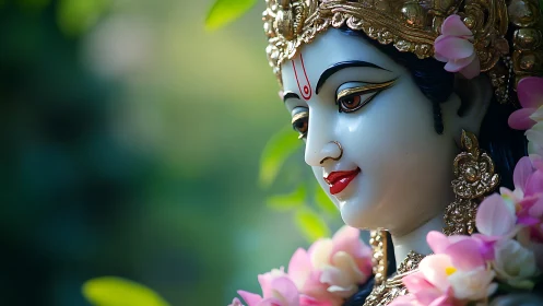 Hindu goddess statue profile with floral garland and gold crown.