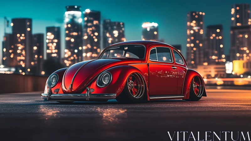 Slammed classic red Beetle gleams against neon city lights