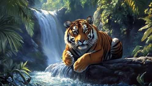 Tiger resting on rock ledge near jungle waterfall scene.