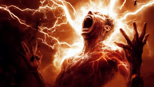 Human figure with electrical energy discharge in red light.