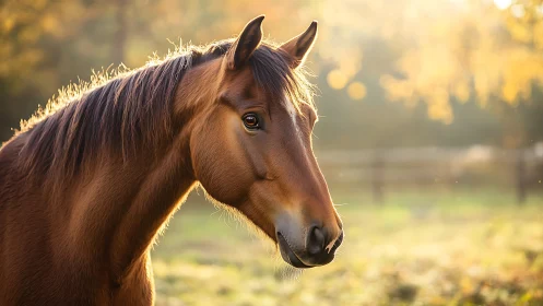 Golden hour portrait of a calm horse in a sunlit pasture