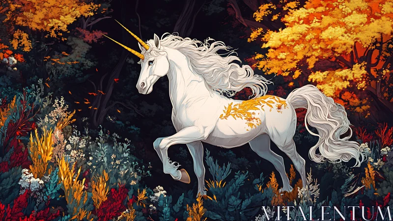 Majestic white unicorn strides through an enchanted autumn forest