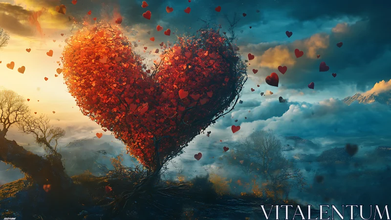 Heart-Shaped Tree Floating in Surreal Landscape