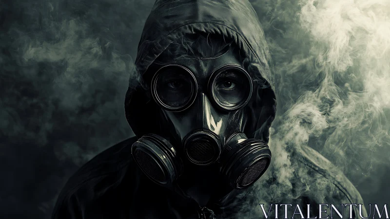 Mysterious gas mask wanderer emerging from swirling smoke.