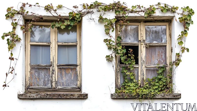Decayed double casement windows with ivy vines reclaiming facade