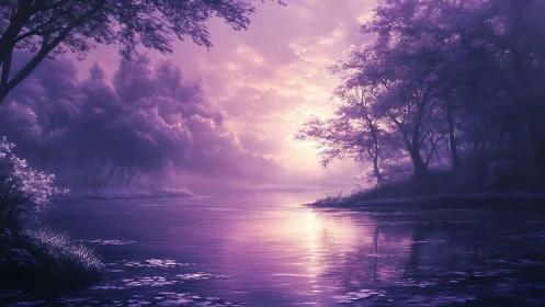 Violet dawn mist over tranquil forest river landscape.