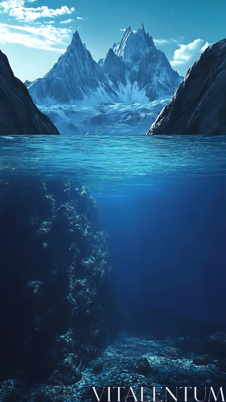 Mountain range and underwater rock pillar share vertical frame