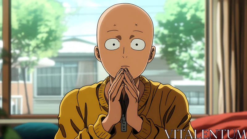 Bald anime man sits in quiet room wearing a thoughtful stare