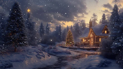 Snowy Christmas cabin glows warmly beside a frozen stream