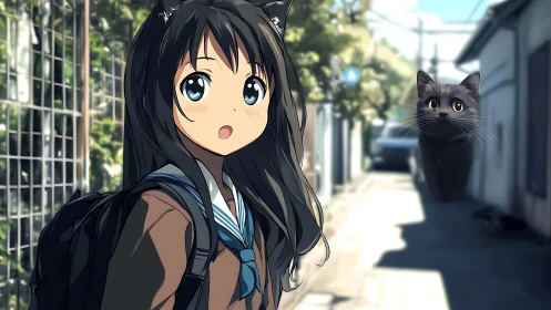 Cat-eared schoolgirl meets alleyway shadow cat at noon.