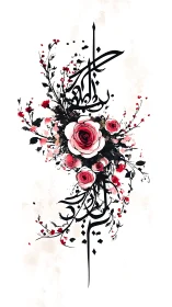 Floral Arabic calligraphy with expressive red rose cluster.