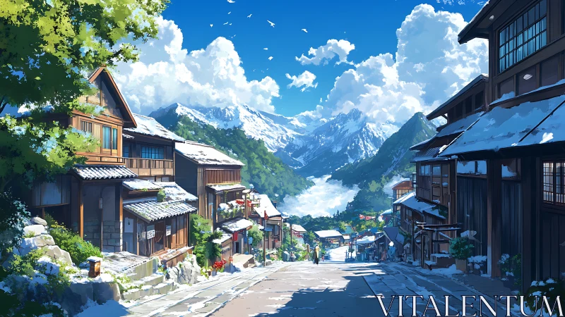 Snow-dusted mountain town street in high-clarity digital painting.