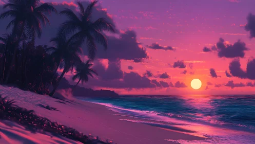 Vibrant neon sunset sinks over tranquil tropical shoreline