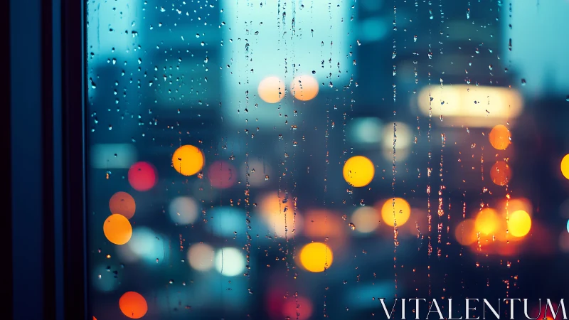 Cozy city lights glowing softly behind a rainy window.