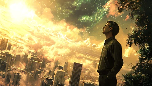 Skyscrapers drift in clouds as a dreamer studies a new world