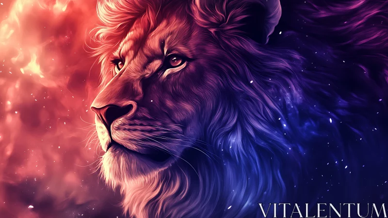 Radiant cosmic lion gazing into a glowing starry horizon.