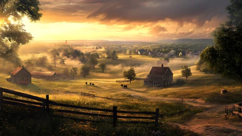 Rural sunrise landscape with volumetric mist and farmstead geometry.