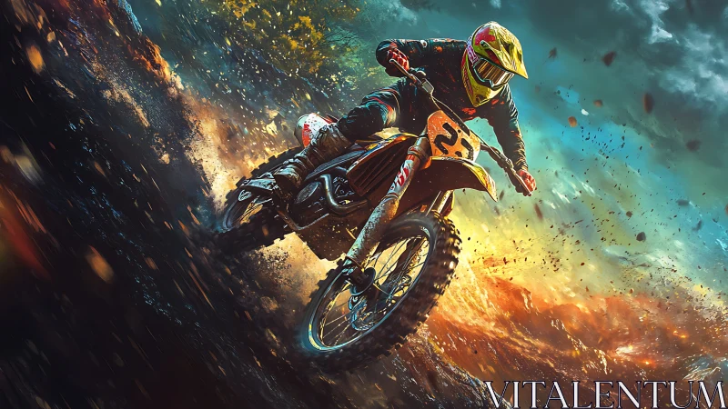 Motocross rider carves explosive dirt trail at sunset