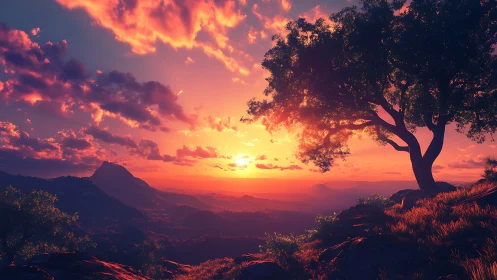 Sunset over distant mountains with tree in foreground.