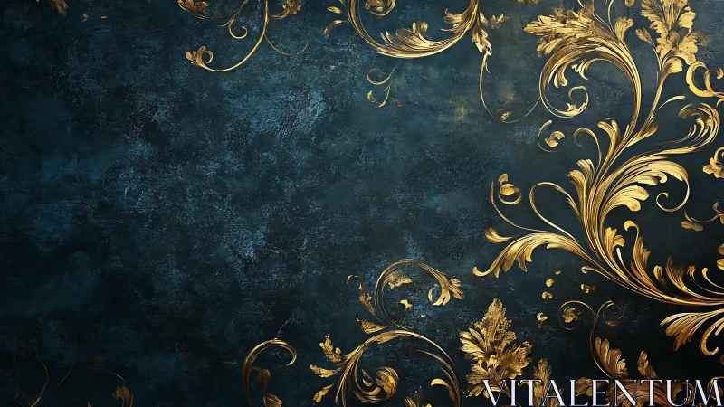 Baroque golden foliage scrolls curve over textured teal field