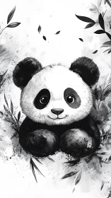Playful baby panda rests amid soft ink-washed bamboo leaves