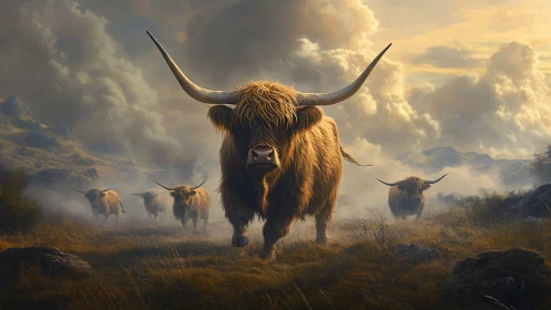 Majestic highland cattle stride through misty golden hills.