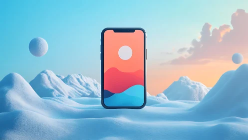 Smartphone floats in dreamy pastel snowscape at sunrise.