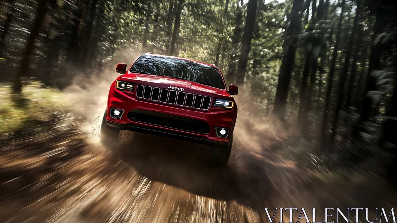 Red Jeep SUV drives fast through forest dirt trail