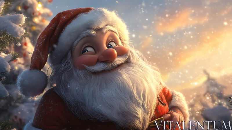 Cheerful cartoon Santa in snowy golden sunset scene.
