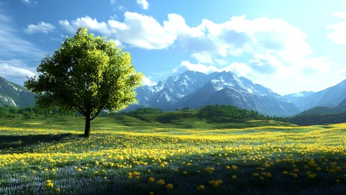 Solitary tree in bright alpine meadow under clear sky.