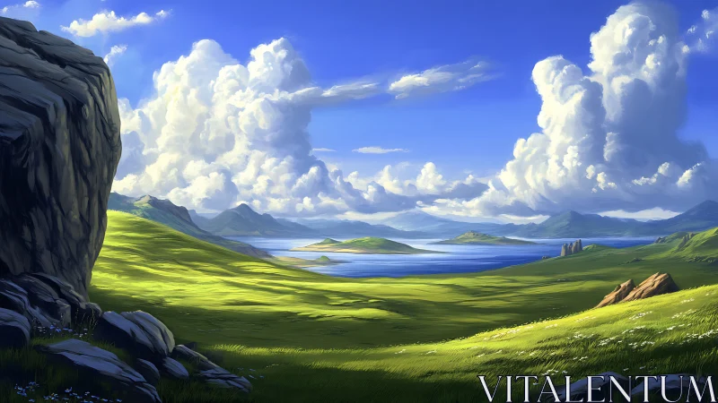 Sunlit coastal grasslands under cumulus buildup and distant mountains