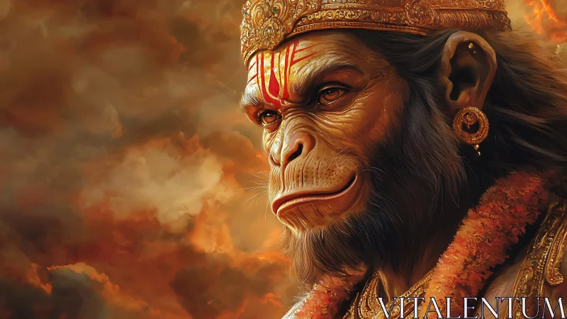 Regal anthropomorphic monkey deity in fiery clouds.