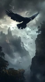 Stormborn raptor gliding above mist-forged mountain spires.