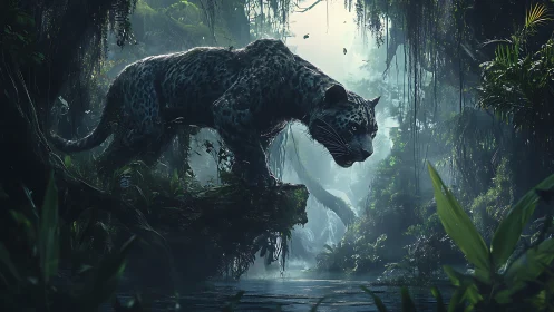 Black Panther Stalks Misty Jungle Canopy