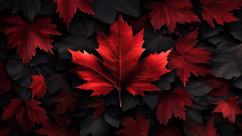 Digital painting of crimson maple foliage on dark groundplane.
