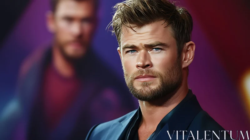 Brooding blond man in sharp suit before blurred portrait backdrop.