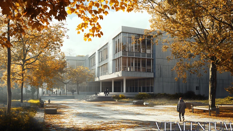 Modernist campus building framed by autumn foliage and soft haze