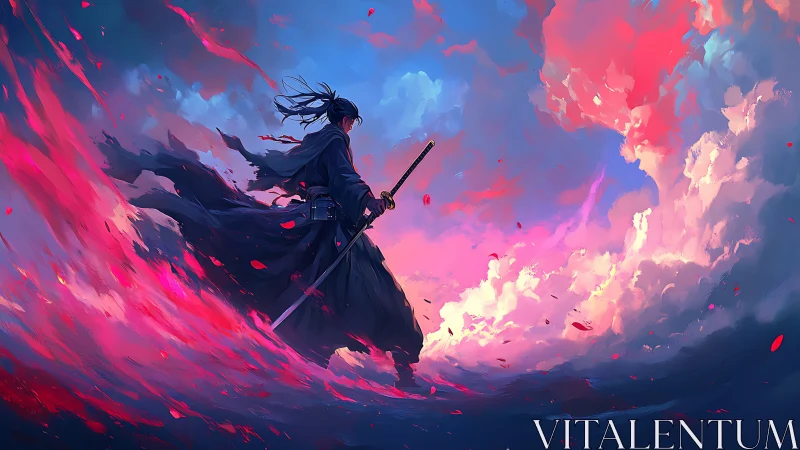 Solitary swordsman stands against abstract red and blue clouds