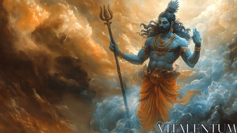 Stormborne blue deity strides through molten clouds poised.